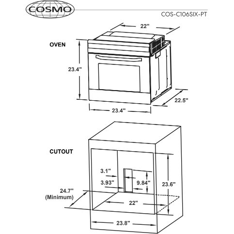 Cosmo 24 2.5 cu. ft. Single Electric Wall Oven w/8 Functions and True European Convection in Stainless Steel C106SIX-PT