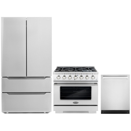 Cosmo 3-Piece, 36 Gas Range, 24 Dishwasher and French Door Refrigerator COS-3PKG-005