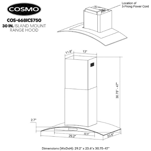 Cosmo 30 Ducted Island Range Hood in Stainless Steel with LED Lighting and Permanent Filters COS-668ICS750