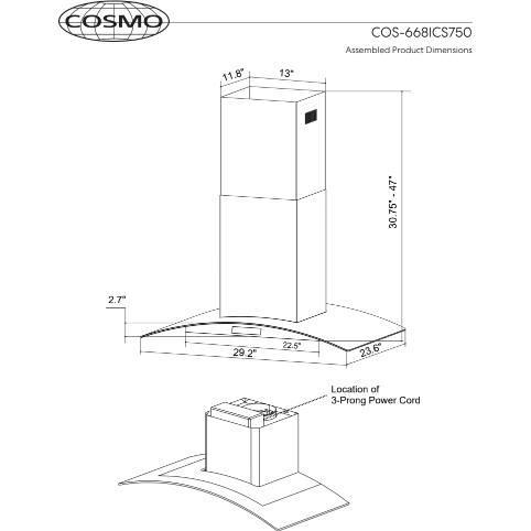 Cosmo 30 Ducted Island Range Hood in Stainless Steel with LED Lighting and Permanent Filters COS-668ICS750