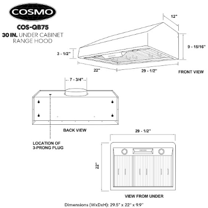 Cosmo 30 Ducted Under Cabinet Range Hood in Stainless Steel with Push Button Controls, LED Lighting and Permanent Filters COS-QB75