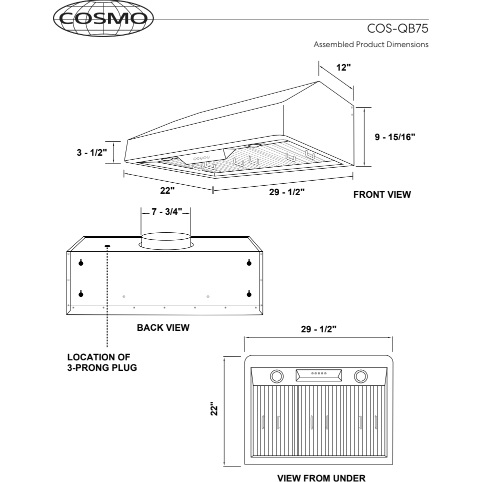 Cosmo 30 Ducted Under Cabinet Range Hood in Stainless Steel with Push Button Controls, LED Lighting and Permanent Filters COS-QB75