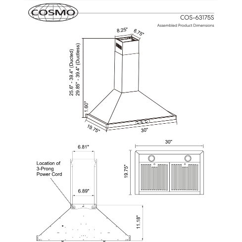 Cosmo 30 Ductless Wall Mount Range Hood in Stainless Steel with LED Lighting and Carbon Filter Kit for Recirculating COS-63175S-DL