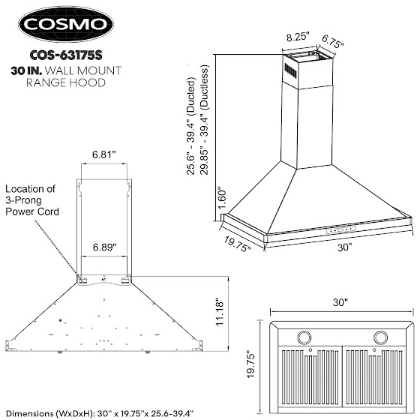 Cosmo 30 Ductless Wall Mount Range Hood in Stainless Steel with LED Lighting and Carbon Filter Kit for Recirculating COS-63175S-DL