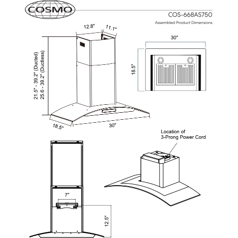 Cosmo 30 Ductless Wall Mount Range Hood in Stainless Steel with LED Lighting and Carbon Filter Kit for Recirculating COS-668AS750-DL