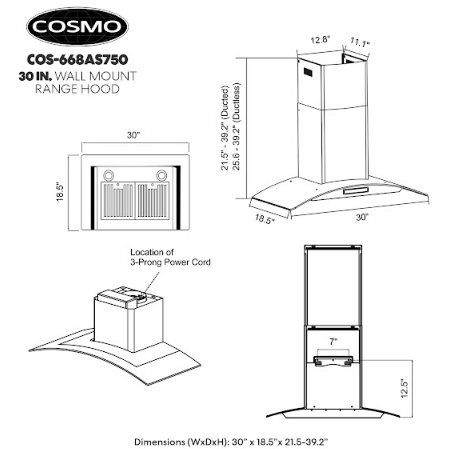 Cosmo 30 Ductless Wall Mount Range Hood in Stainless Steel with LED Lighting and Carbon Filter Kit for Recirculating COS-668AS750-DL