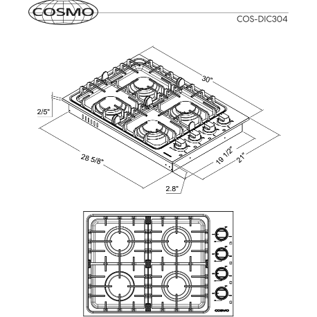 Cosmo 30 Gas Cooktop in Stainless Steel with 4 Italian Made Burners COS-DIC304