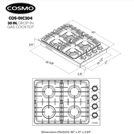 Cosmo 30 Gas Cooktop in Stainless Steel with 4 Italian Made Burners COS-DIC304