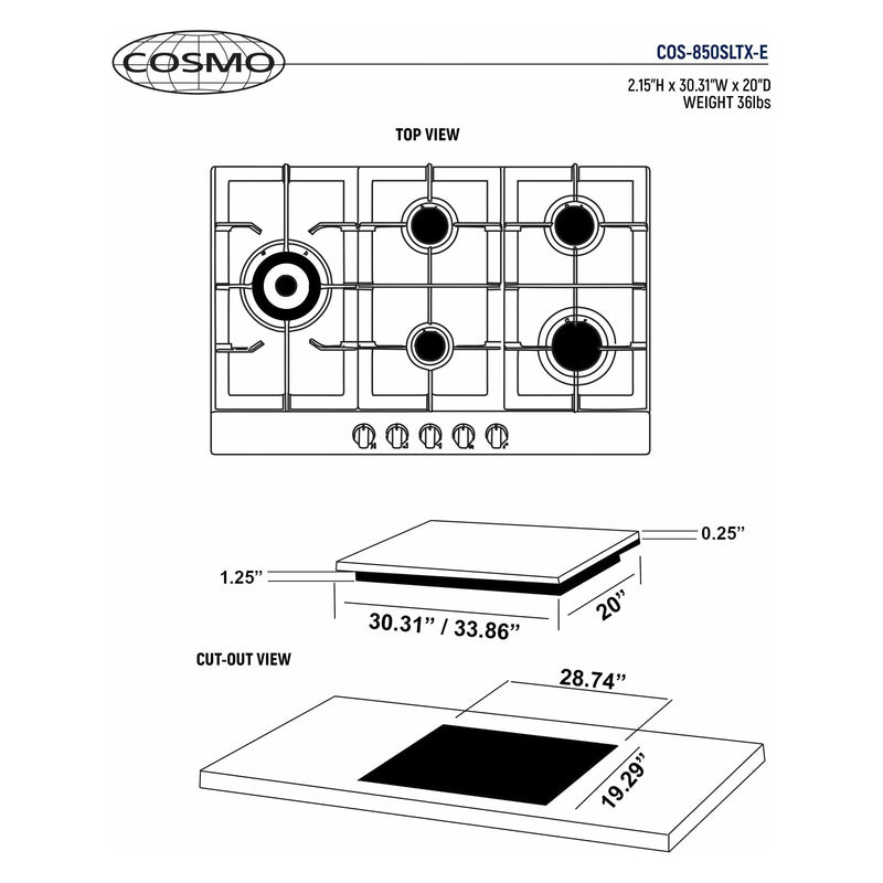 Cosmo 30 Gas Cooktop in Stainless Steel with 5 Sealed Brass Burners 850SLTX-E