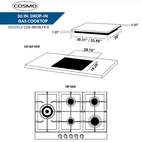 Cosmo 30 Gas Cooktop in Stainless Steel with 5 Sealed Brass Burners 850SLTX-E