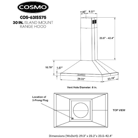 Cosmo 30 Island Range Hood with 3-Speed Fan, 380 CFM, Permanent Filters, LED Lights, Soft Touch Controls, Ducted Kitchen Vent Hood Extractor in Stainless Steel COS-63ISS75