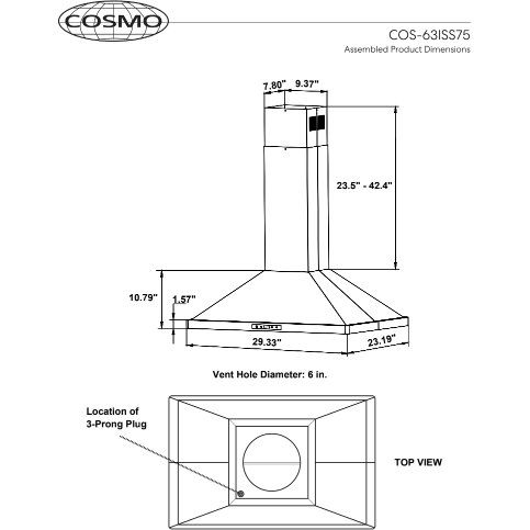 Cosmo 30 Island Range Hood with 3-Speed Fan, 380 CFM, Permanent Filters, LED Lights, Soft Touch Controls, Ducted Kitchen Vent Hood Extractor in Stainless Steel COS-63ISS75