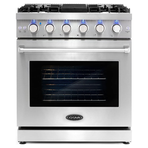 Cosmo 30'' Slide-In Freestanding Gas Range with 5 Sealed Burners, Cast Iron Grates, 4.5 cu. ft. Capacity Convection Oven in Stainless Steel COS-EPGR304