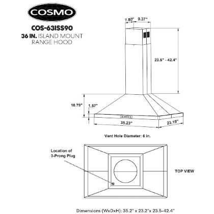 Cosmo 36 Ducted Island Range Hood with 380 CFM, 3-Speed Fan, Permanent Filters, LED Lights in Stainless Steel COS-63ISS90