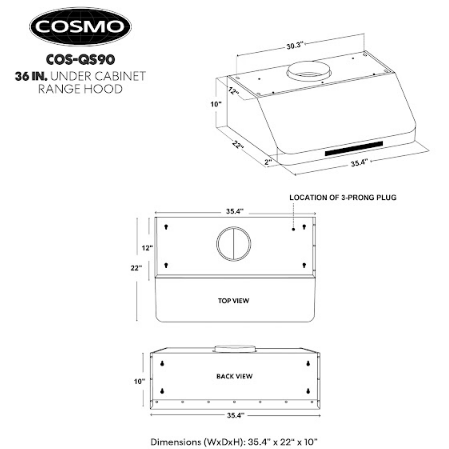 Cosmo 36 Ducted Under Cabinet Range Hood in Stainless Steel with Touch Display, LED Lighting and Permanent Filters COS-QS90