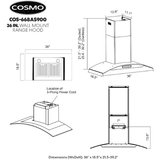 Cosmo 36 Ducted Wall Mount Range Hood in Stainless Steel with Touch Controls, LED Lighting and Permanent Filters  COS-668AS900