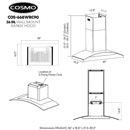 Cosmo 36 Ductless Wall Mount Range Hood in Stainless Steel with Push Button Controls, LED Lighting and Carbon Filter Kit for Recirculating COS-668WRC90-DL