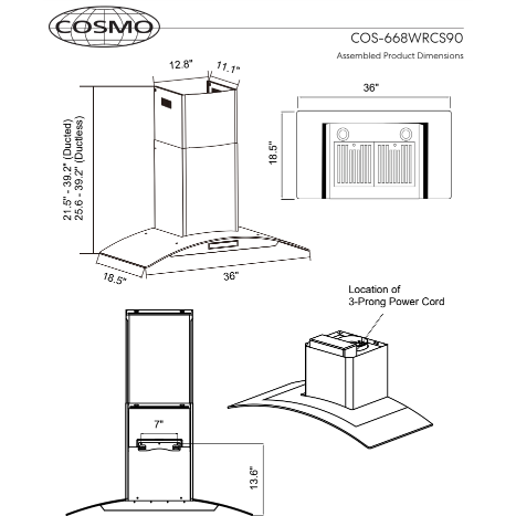 Cosmo 36 Ductless Wall Mount Range Hood in Stainless Steel with Soft Touch Controls, LED Lighting and Carbon Filter Kit for Recirculating COS-668WRCS90-DL