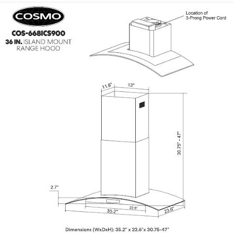 Cosmo 36 Island Range Hood with 380 CFM, 3 Speeds, Ducted, Permanent Filters, Soft Touch Controls, LED Lights, Curved Glass Hood in Stainless Steel COS-668ICS900