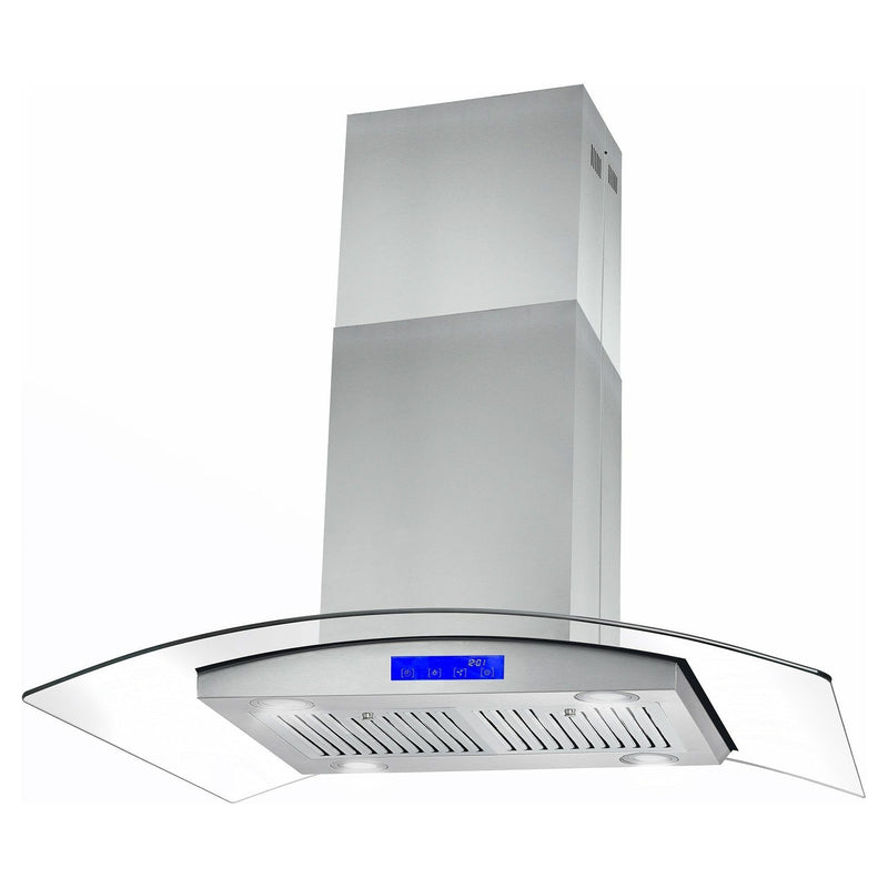 Cosmo 36 Island Range Hood with 380 CFM, 3 Speeds, Ducted, Permanent Filters, Soft Touch Controls, LED Lights, Curved Glass Hood in Stainless Steel COS-668ICS900