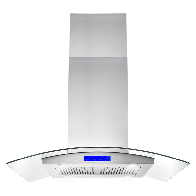 Cosmo 36 Island Range Hood with 380 CFM, 3 Speeds, Ducted, Permanent Filters, Soft Touch Controls, LED Lights, Curved Glass Hood in Stainless Steel COS-668ICS900