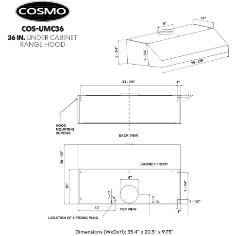 Cosmo 36'' Under Cabinet Range Hood with Digital Touch Controls, 3-Speed Fan, LED Lights and Permanent Filters in Stainless Steel UMC36