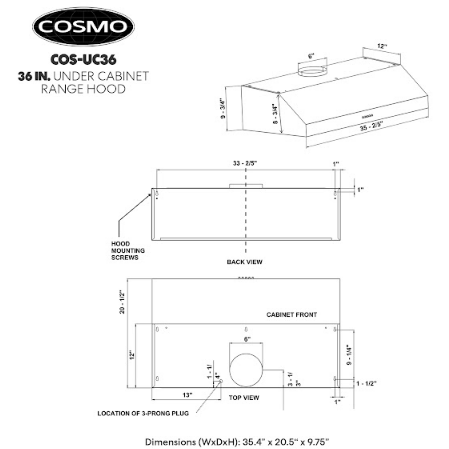 Cosmo 36 Under Cabinet Range Hood with Push Button Controls, 3-Speed Fan, LED Lights and Permanent Filters in Stainless Steel UC36