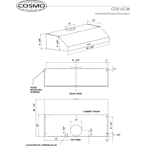 Cosmo 36 Under Cabinet Range Hood with Push Button Controls, 3-Speed Fan, LED Lights and Permanent Filters in Stainless Steel UC36