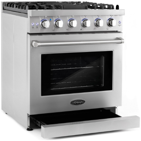 Cosmo 4-Piece, 30 Gas Range, 30 Range Hood, 24 Dishwasher and Refrigerator COS-4PKG-093