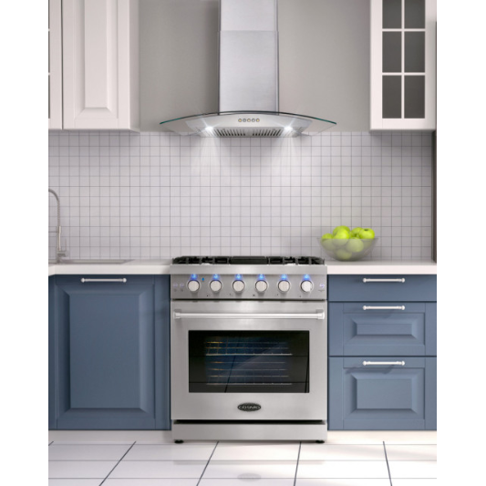 Cosmo 4-Piece, 30 Gas Range, 30 Range Hood, 24 Dishwasher and Refrigerator COS-4PKG-095