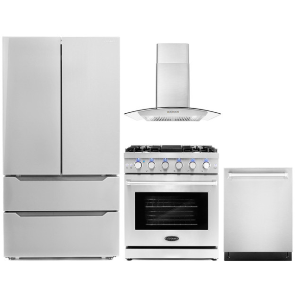 Cosmo 4-Piece, 30 Gas Range, 30 Range Hood, 24 Dishwasher and Refrigerator COS-4PKG-095