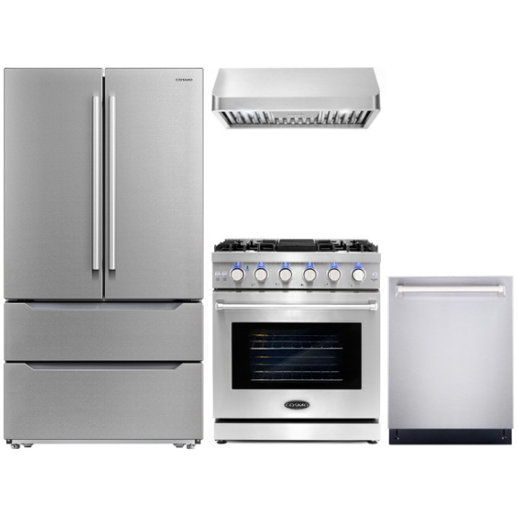 Cosmo 4 Piece, 30 Gas Range 30 Range Hood 24 Dishwasher & Refrigerator COS-4PKG-234