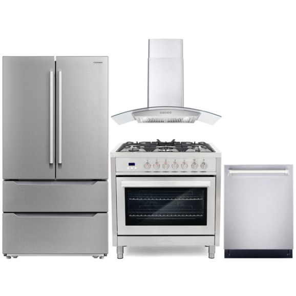 Cosmo 4 Piece, 36 Dual Fuel Range 36 Range Hood 24 Dishwasher & Refrigerator COS-4PKG-222