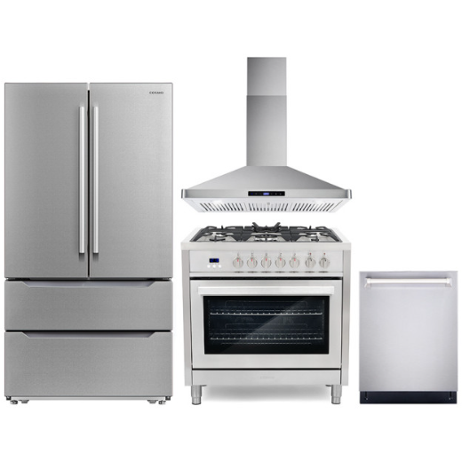 Cosmo 4 Piece, 36 Dual Fuel Range 36 Range Hood 24 Dishwasher & Refrigerator COS-4PKG-223