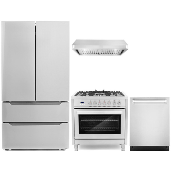 Cosmo 4-Piece, 36 Dual Fuel Range, 36 Range Hood, Dishwasher and Refrigerator COS-4PKG-077