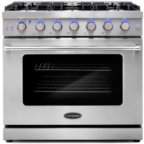 Cosmo 4-Piece, 36 Gas Range, 36 Range Hood, 24 Dishwasher and Refrigerator COS-4PKG-110