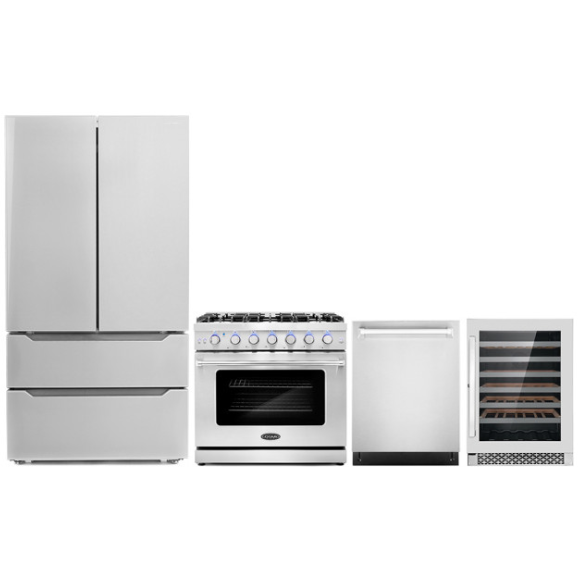 Cosmo 4-Piece, 36 Gas Range, Dishwasher, Refrigerator and 48 Bottle Wine Cooler COS-4PKG-104