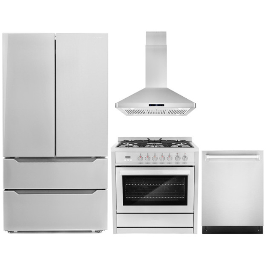 Cosmo 4-Piece, 36 Range, 36 Island Range Hood, 24 Dishwasher and Refrigerator COS-4PKG-076