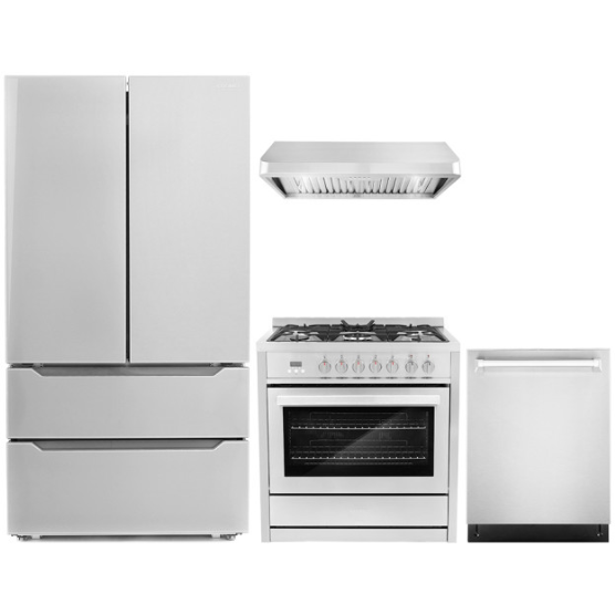 Cosmo 4-Piece, 36 Range, Under Cabinet Range Hood, Dishwasher and Refrigerator COS-4PKG-071