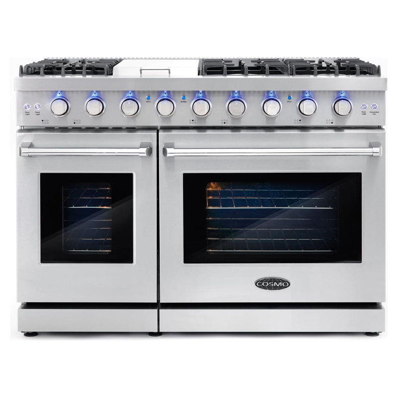 Cosmo 48'' 6.8 cu. ft. Double Oven Commercial Gas Range with Fan Assist Convection Oven in Stainless Steel Storage Drawer COS-EPGR486G