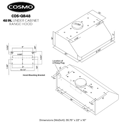 Cosmo 48  Under Cabinet Range Hood with Push Button Controls, Permanent Filters, 3-Speed Fan and LED Lights in Stainless Steel COS-QB48