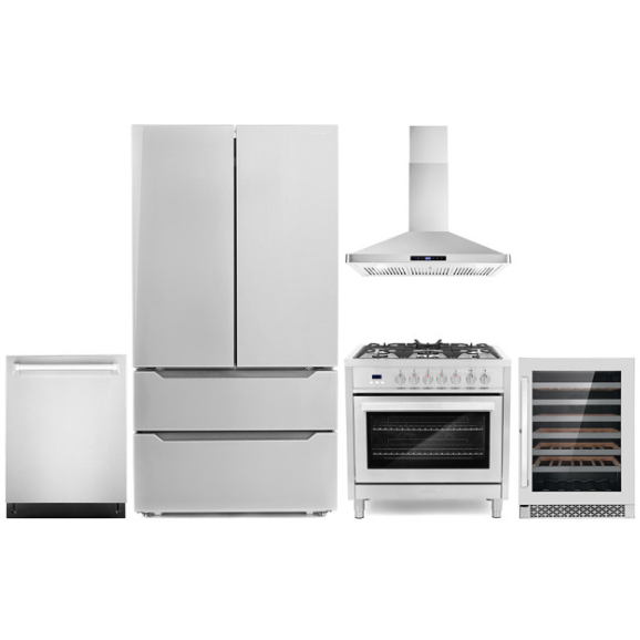 Cosmo 5-Piece Kitchen, 36 Dual Fuel Range and 36 Wall Mount Range Hood COS-5PKG-069