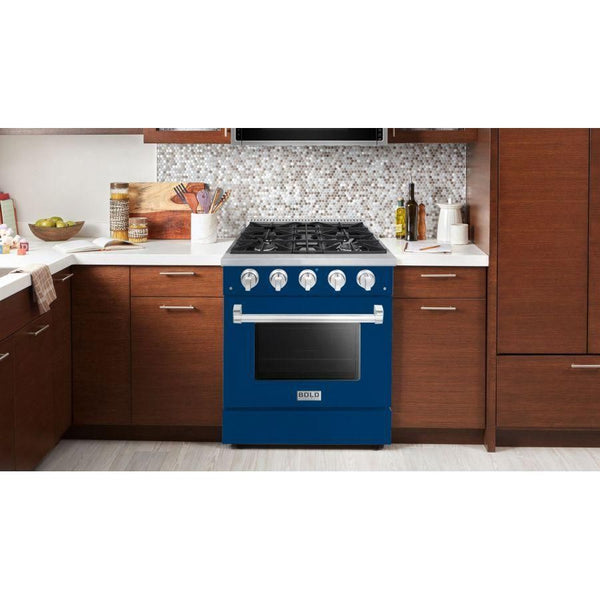 Hallman 30 In. Gas Range, Blue with Chrome Trim - Bold Series, HBRG30CMBU