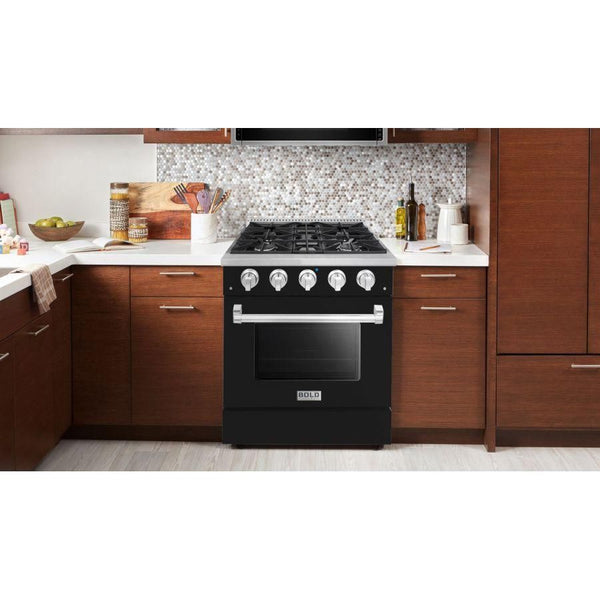 Hallman 30 In. Gas Range, Glossy Black with Chrome Trim - Bold Series, HBRG30CMGB