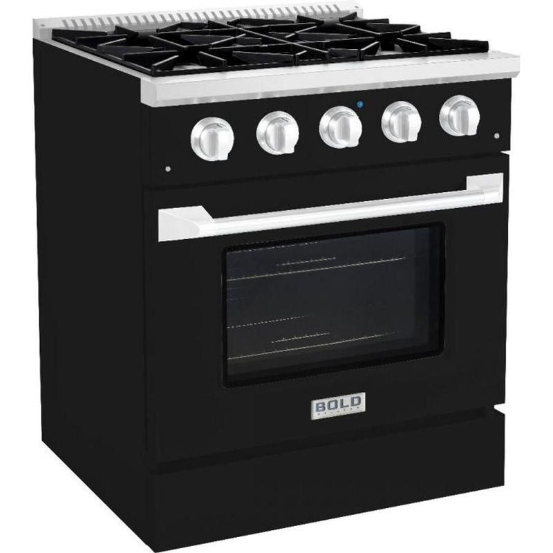 Hallman 30 In. Gas Range, Glossy Black with Chrome Trim - Bold Series, HBRG30CMGB