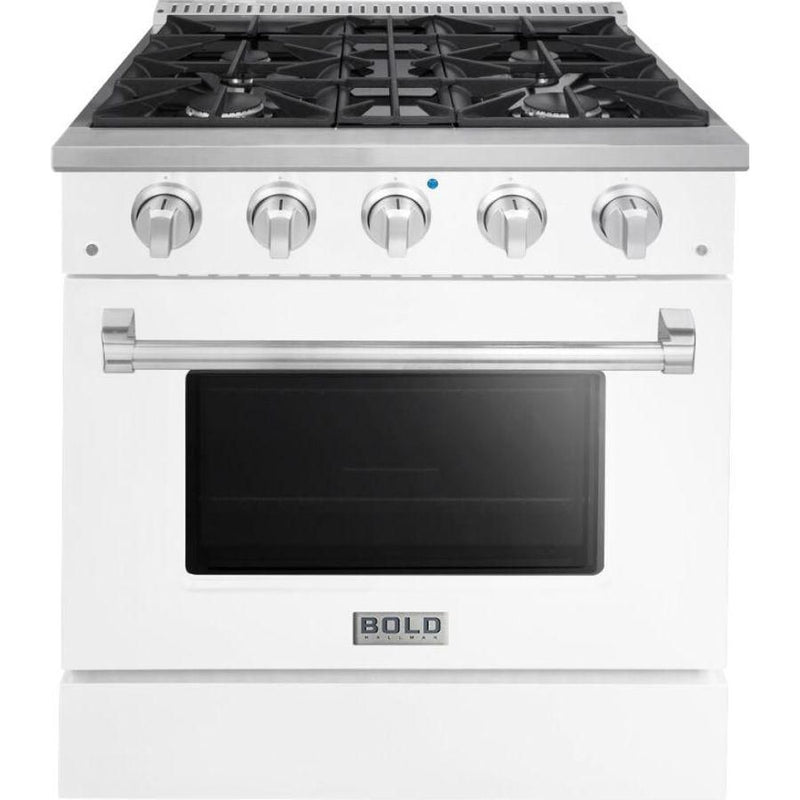 Hallman 30 In. Gas Range, White with Chrome Trim - Bold Series, HBRG30CMWT