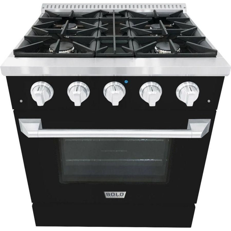 Hallman 30 In. Propane Gas Range, Glossy Black with Chrome Trim - Bold Series, HBRG30CMGB-LP