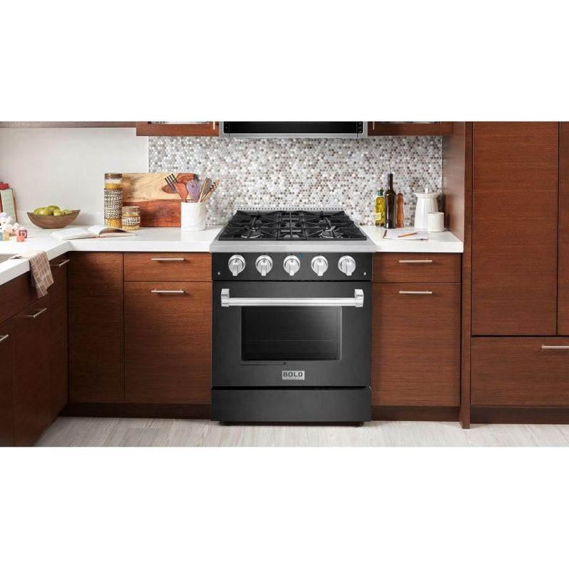 Hallman 30 In. Range with Gas Burners and Electric Oven, Black Titanium with Chrome Trim - Bold Series, HBRDF30CMBT