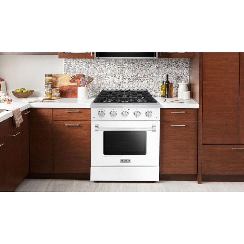 Hallman 30 In. Range with Gas Burners and Electric Oven, White with Chrome Trim - Bold Series, HBRDF30CMWT