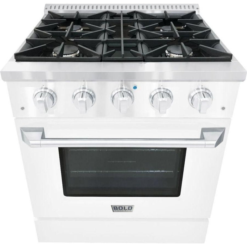 Hallman 30 In. Range with Propane Gas Burners and Electric Oven, White with Chrome Trim - Bold Series, HBRDF30CMWT-LP